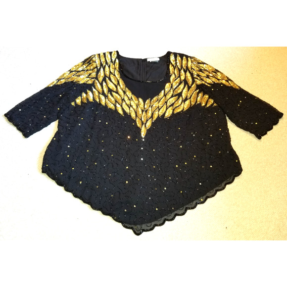 Womens Top-ROAMAN'S-'Black/Bronze' beaded silky holiday formal whimsigoth-24W - Picture 1 of 8